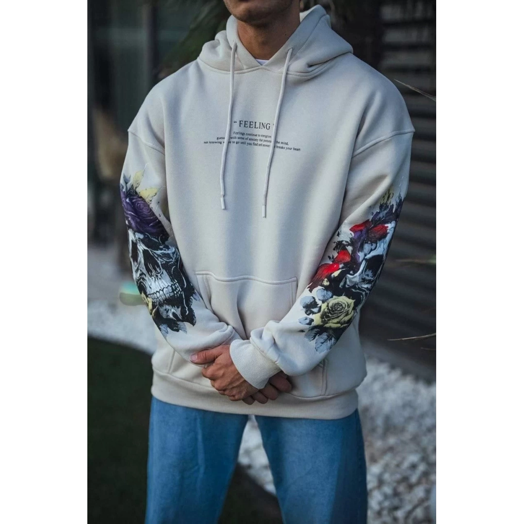 Kuru Kafa Baskılı Kapşonlu SweatShirt - Beyaz