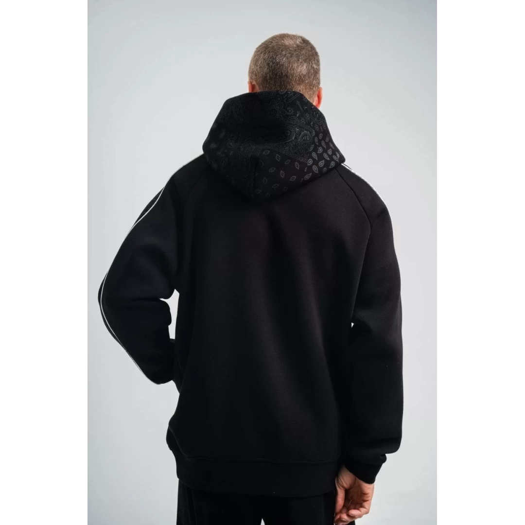 Uzun Kol Kapşonlu Ara Biyeli SweatShirt - Siyah