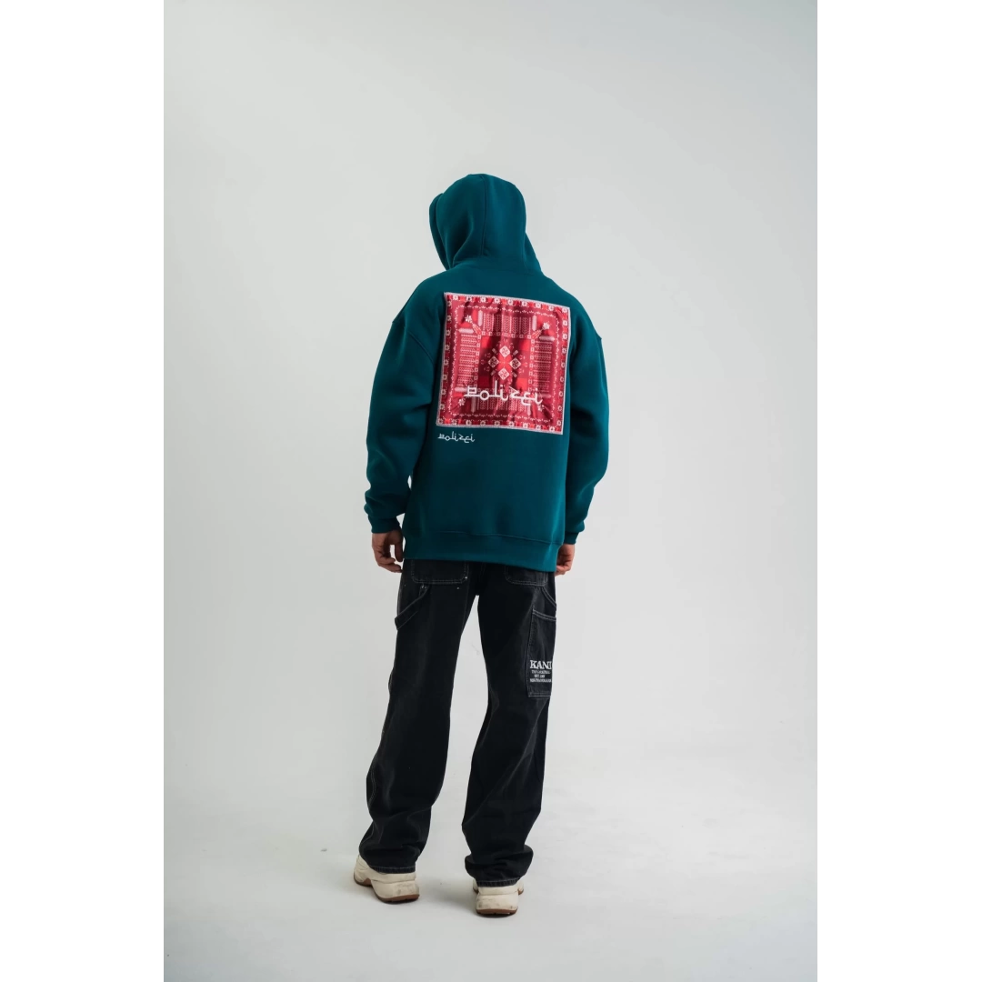 Double Oversize Kapşonlu Dijital Patchli SweatShirt - Koyu Deniz Yeşili