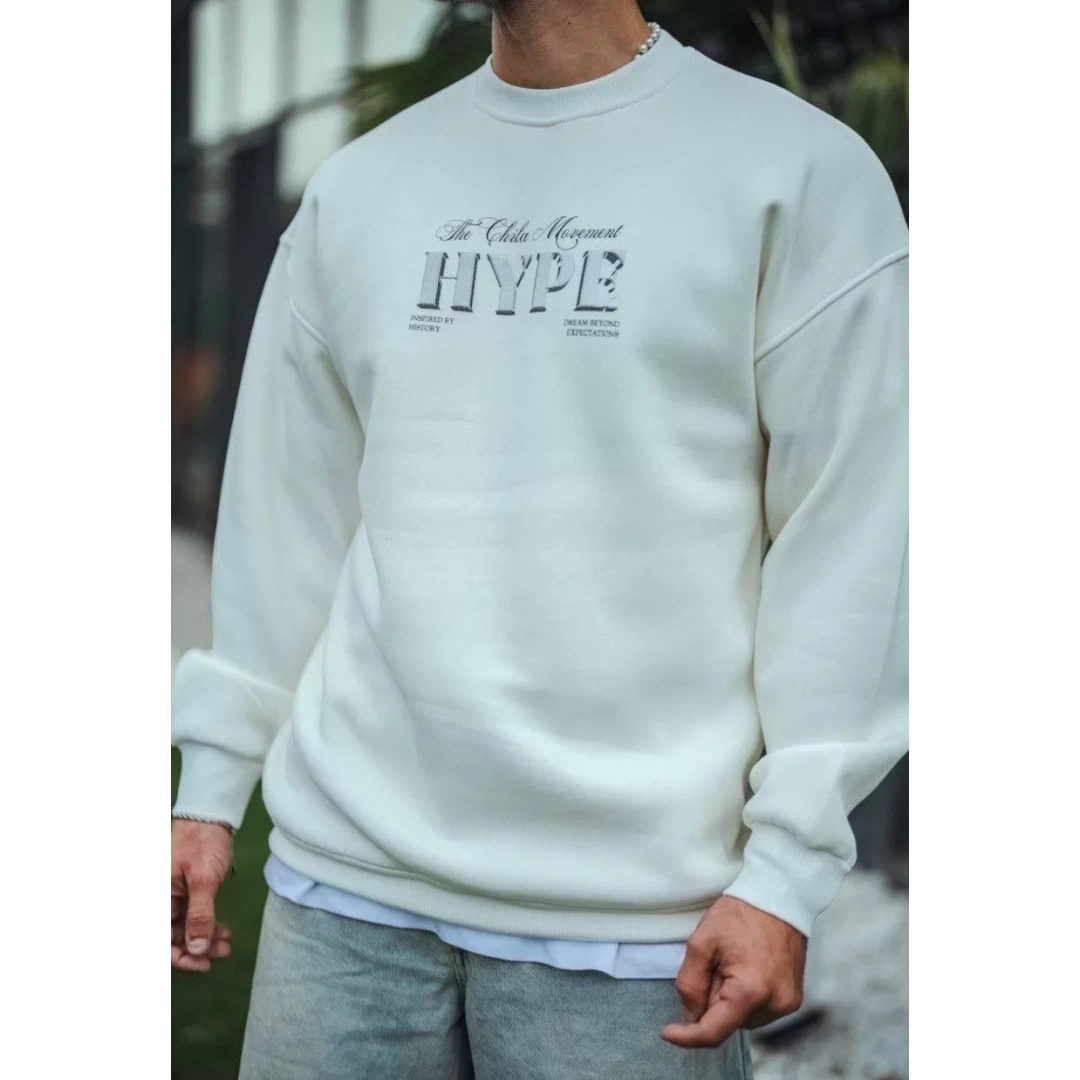 Üç İplik Bisiklet Yaka Baskılı SweatShirt - Beyaz