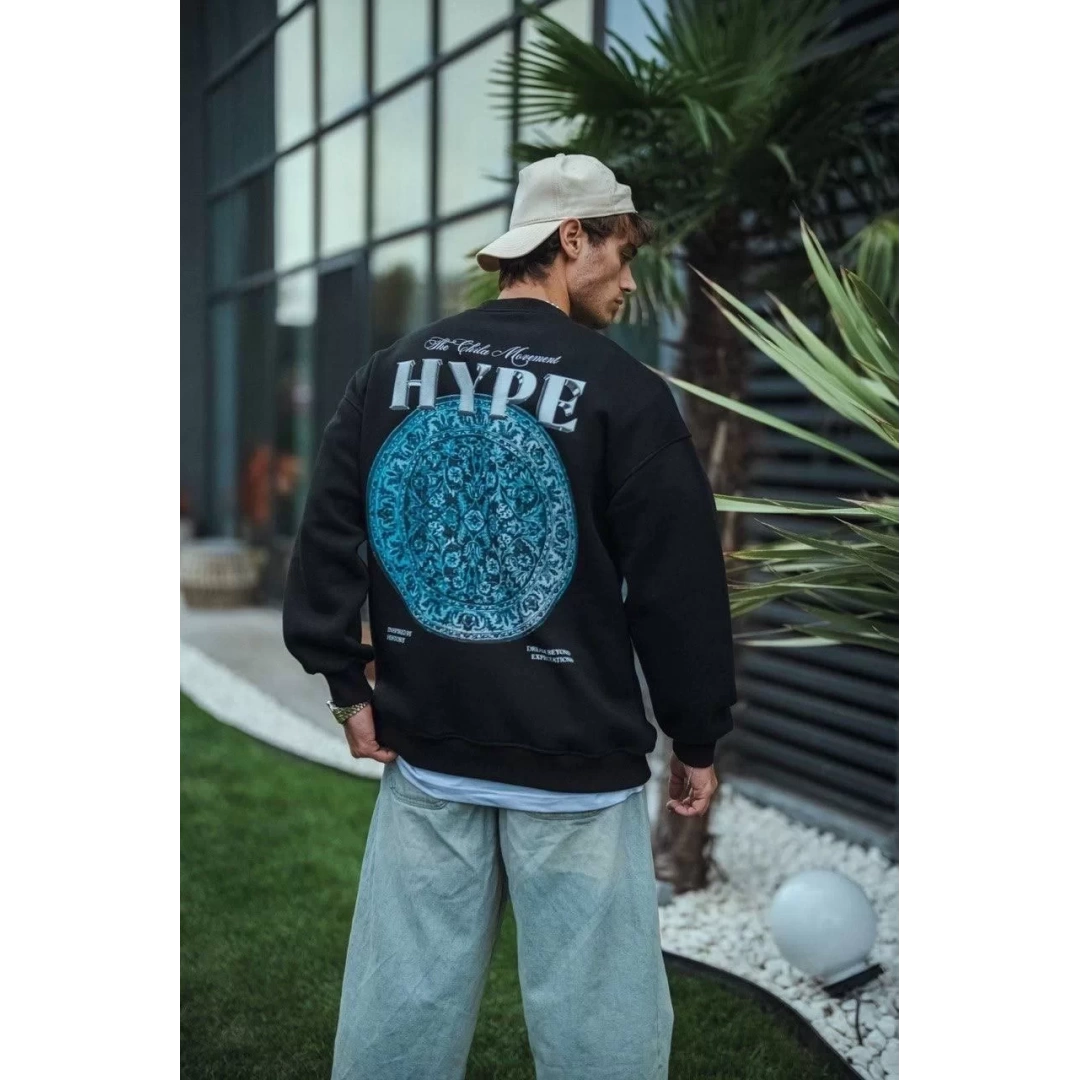 Üç İplik Bisiklet Yaka Baskılı SweatShirt - Siyah