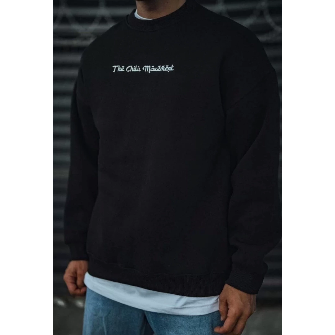 Üç İplik Penye Bisiklet Yaka Oversize Baskılı SweatShirt - Siyah