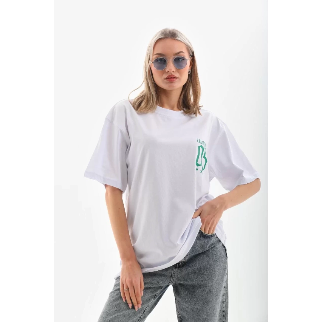 Unisex Baskılı Oversize T-Shirt - Beyaz