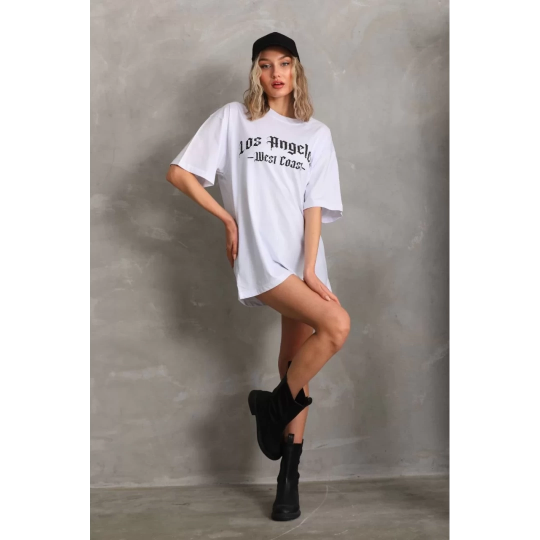 Unisex Baskılı Oversize T-Shirt - Beyaz