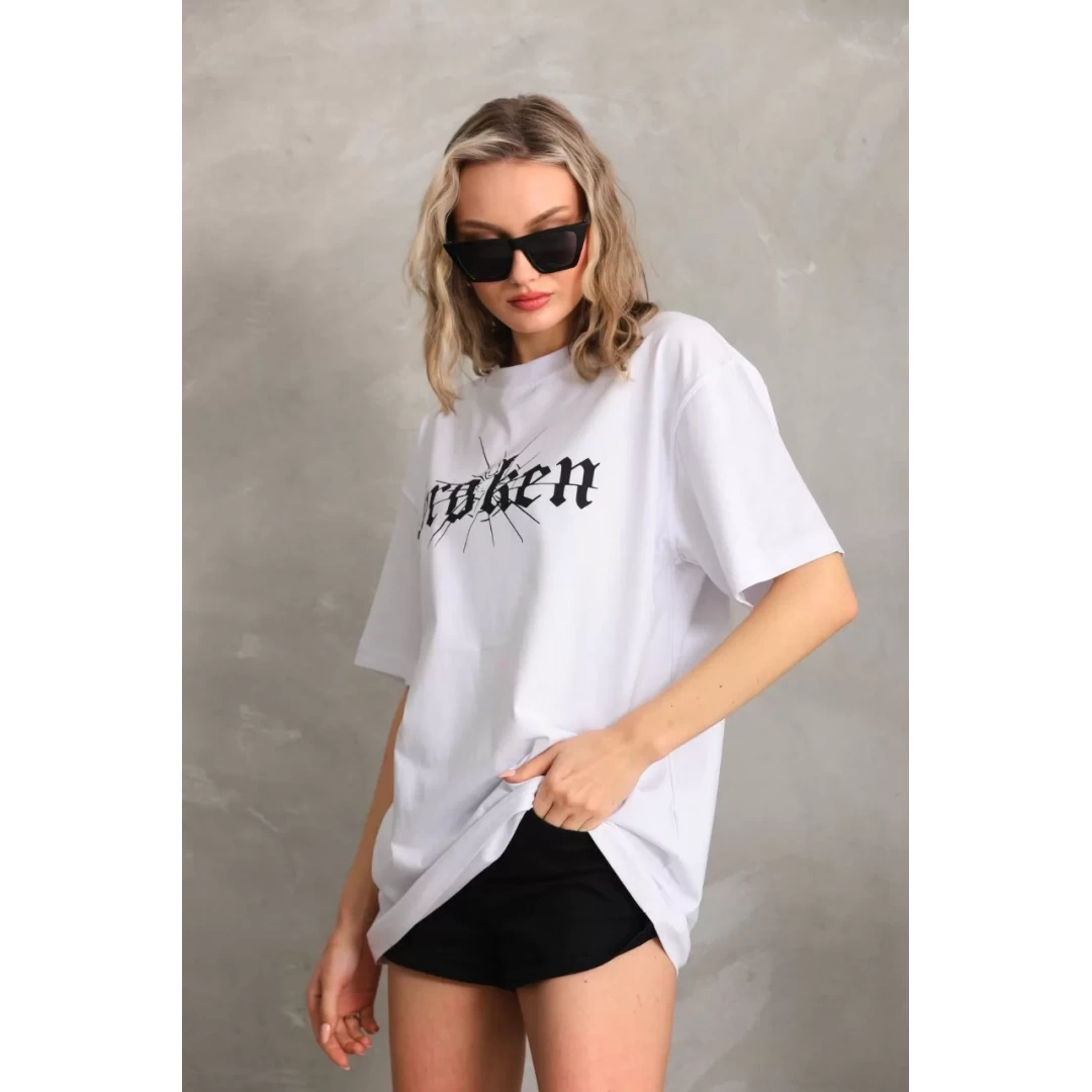 Unisex Baskılı Oversize T-Shirt - Beyaz