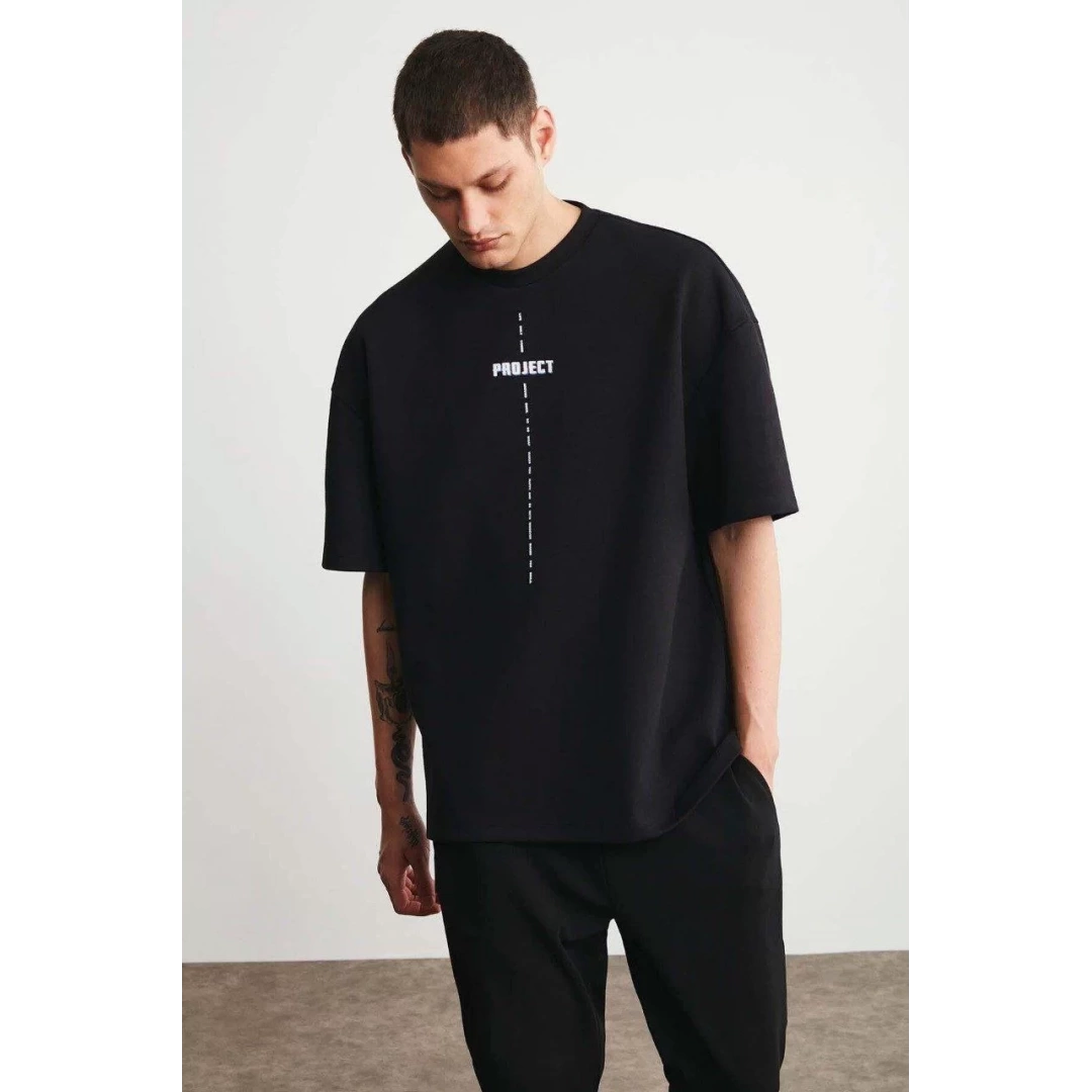 Unisex Baskılı Oversize T-Shirt - Siyah