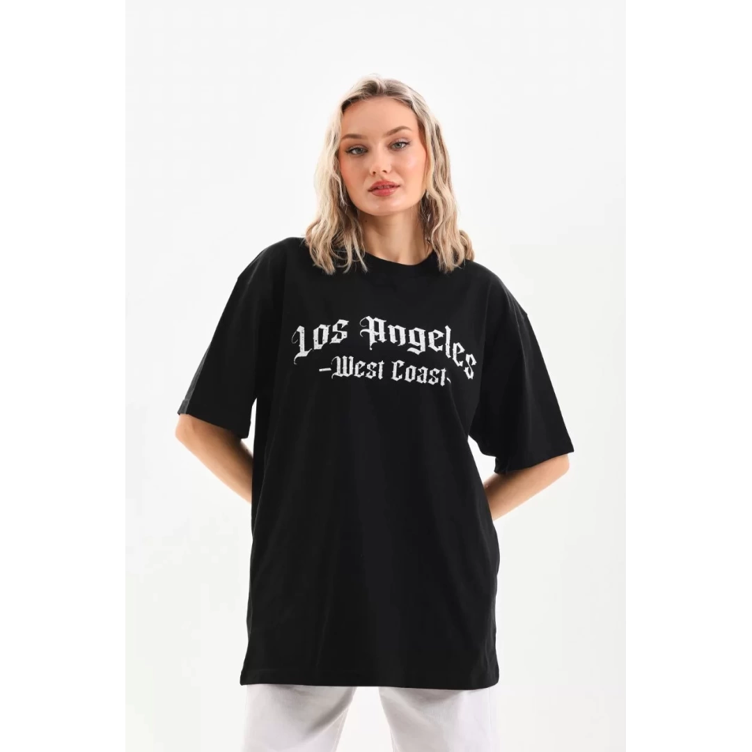 Unisex Baskılı Oversize T-Shirt - Siyah