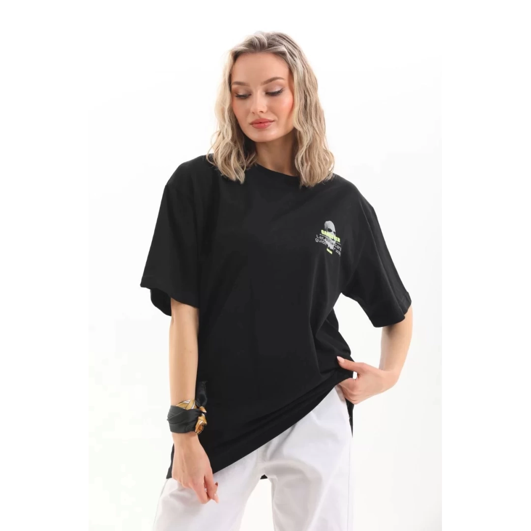 Unisex Baskılı Oversize T-Shirt - Siyah