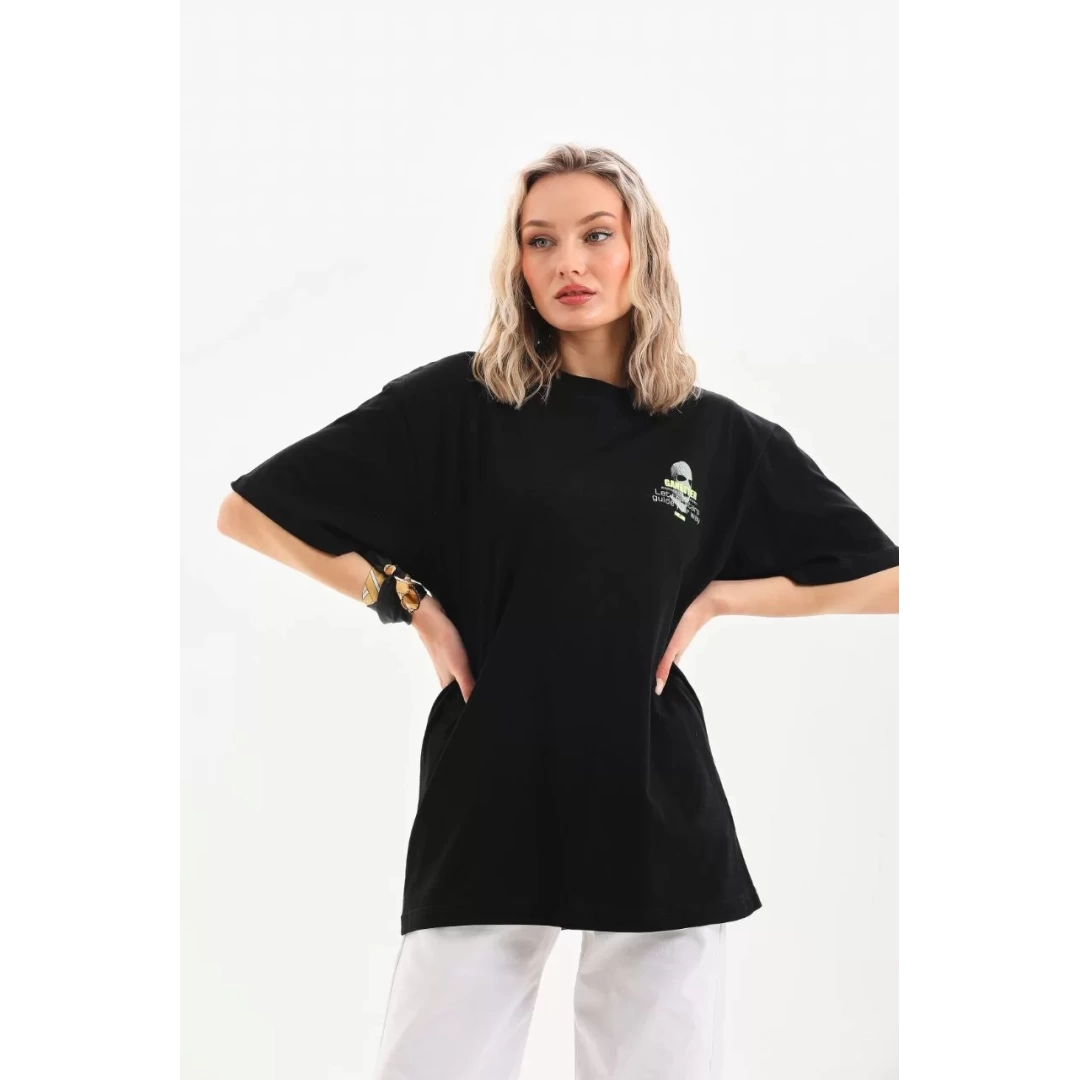 Unisex Baskılı Oversize T-Shirt - Siyah