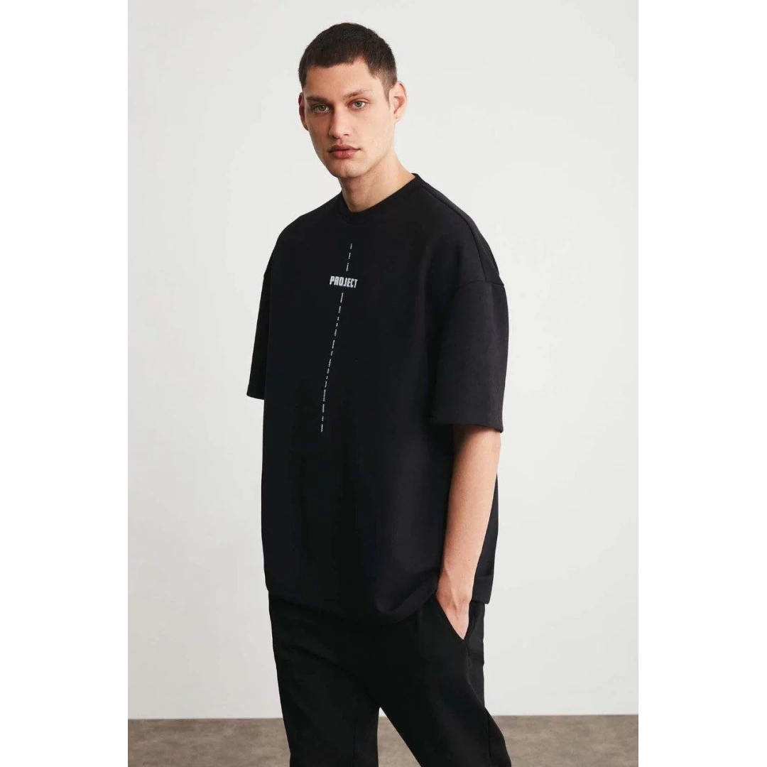 Unisex Baskılı Oversize T-Shirt - Siyah