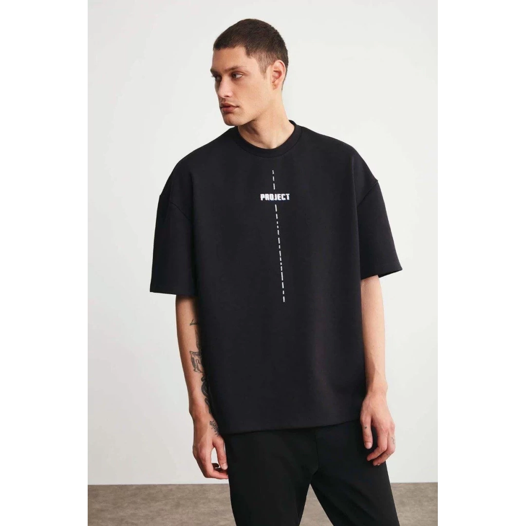 Unisex Baskılı Oversize T-Shirt - Siyah