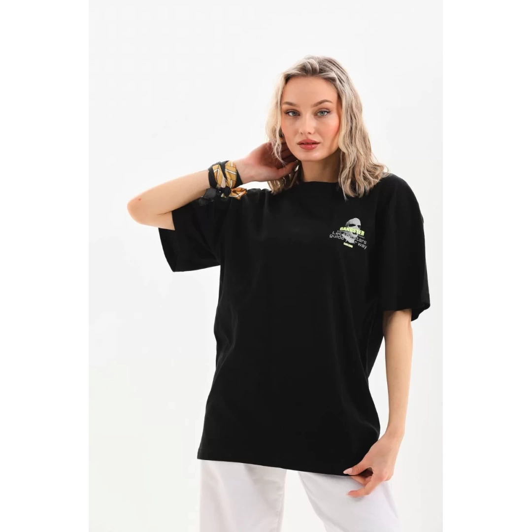 Unisex Baskılı Oversize T-Shirt - Siyah