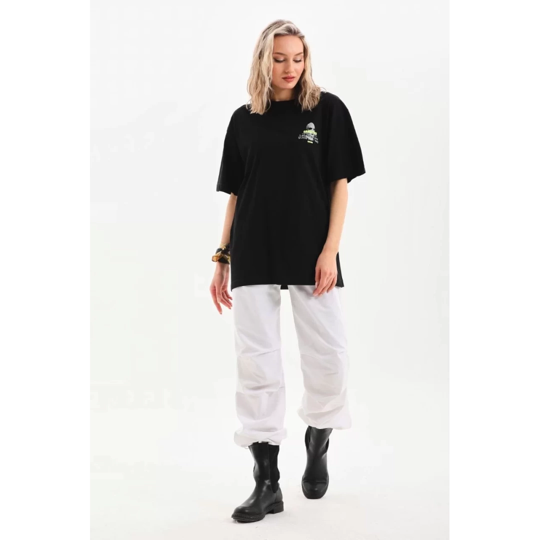 Unisex Baskılı Oversize T-Shirt - Siyah