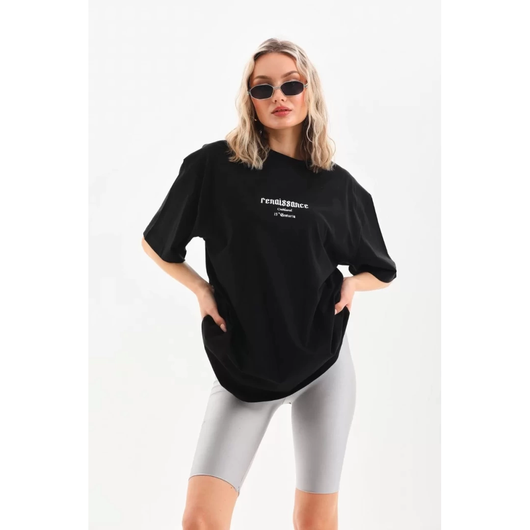 Unisex Baskılı Oversize T-Shirt - Siyah