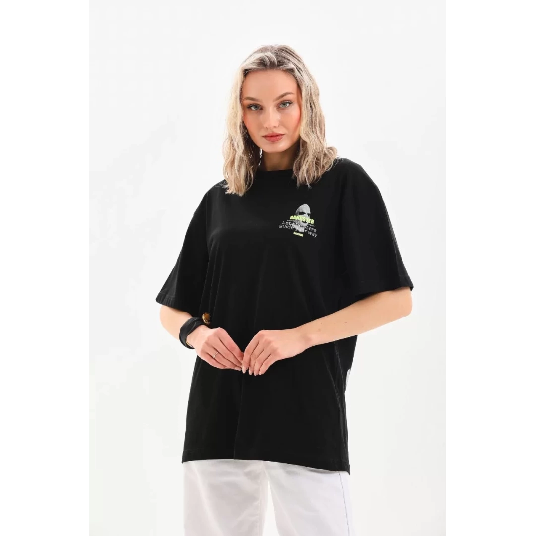 Unisex Baskılı Oversize T-Shirt - Siyah