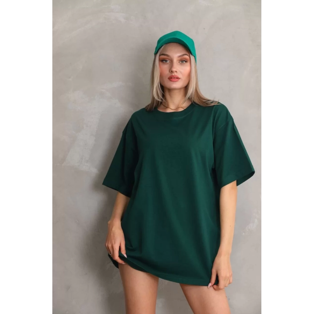 Unisex Bisiklet Yaka 20/1 Düz Oversize T-Shirt - Yeşil