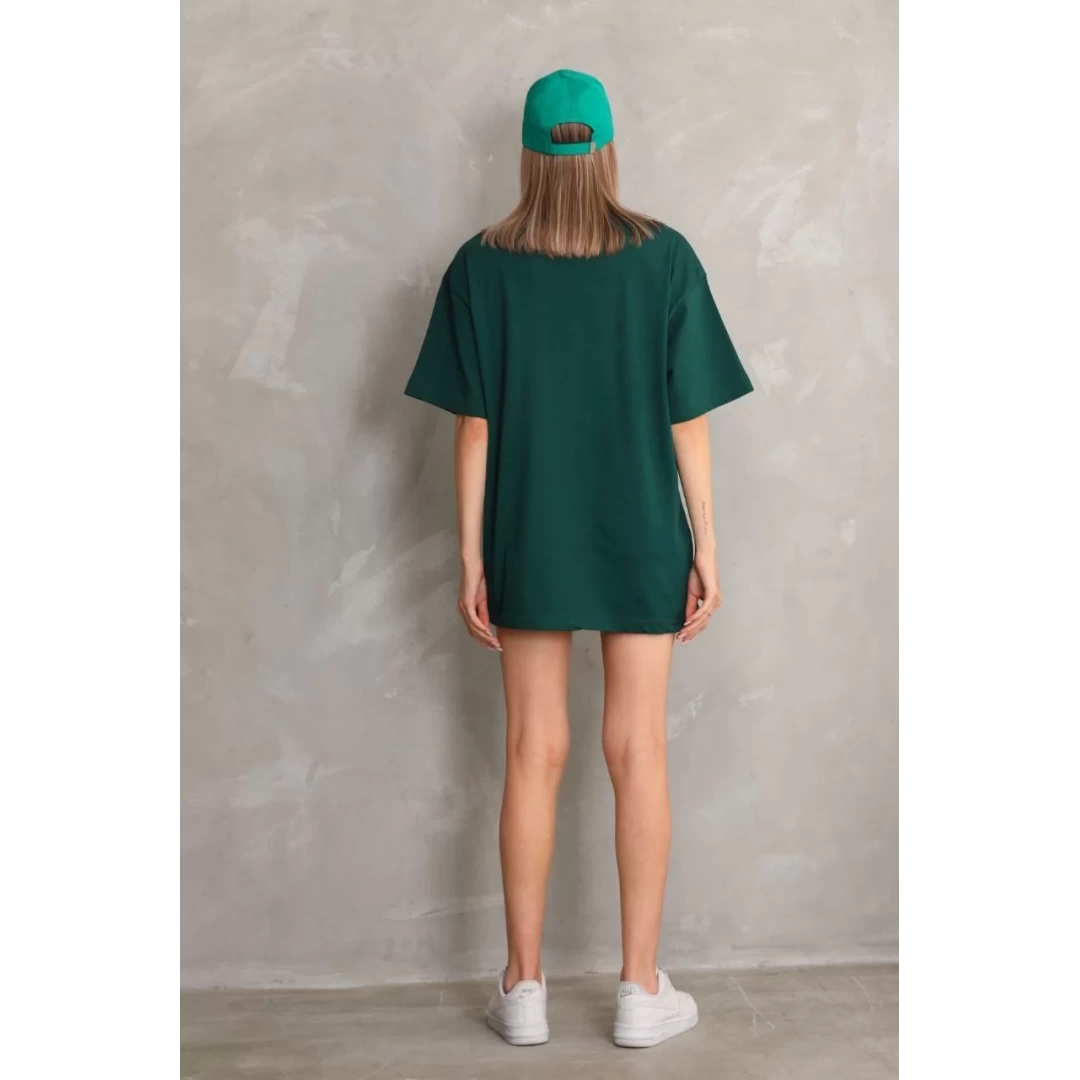 Unisex Bisiklet Yaka 20/1 Düz Oversize T-Shirt - Yeşil