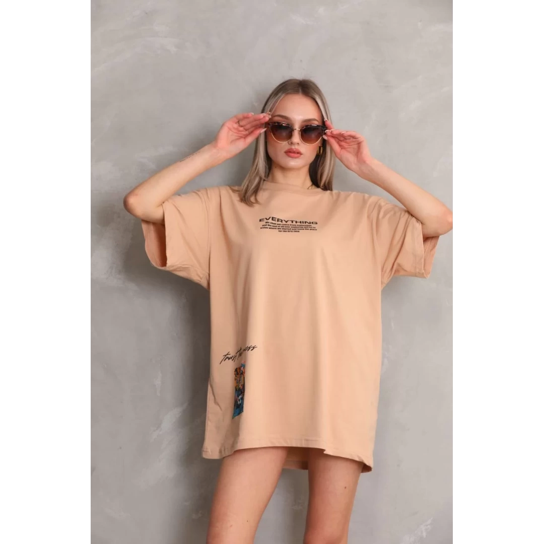 Unisex Bisiklet Yaka Baskılı Oversize T-Shirt - Bej