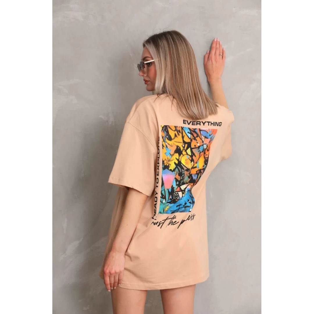 Unisex Bisiklet Yaka Baskılı Oversize T-Shirt - Bej