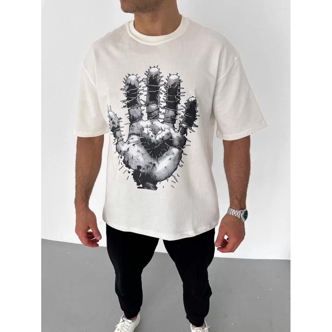 Unisex Bisiklet Yaka Baskılı Oversize T-Shirt - Beyaz