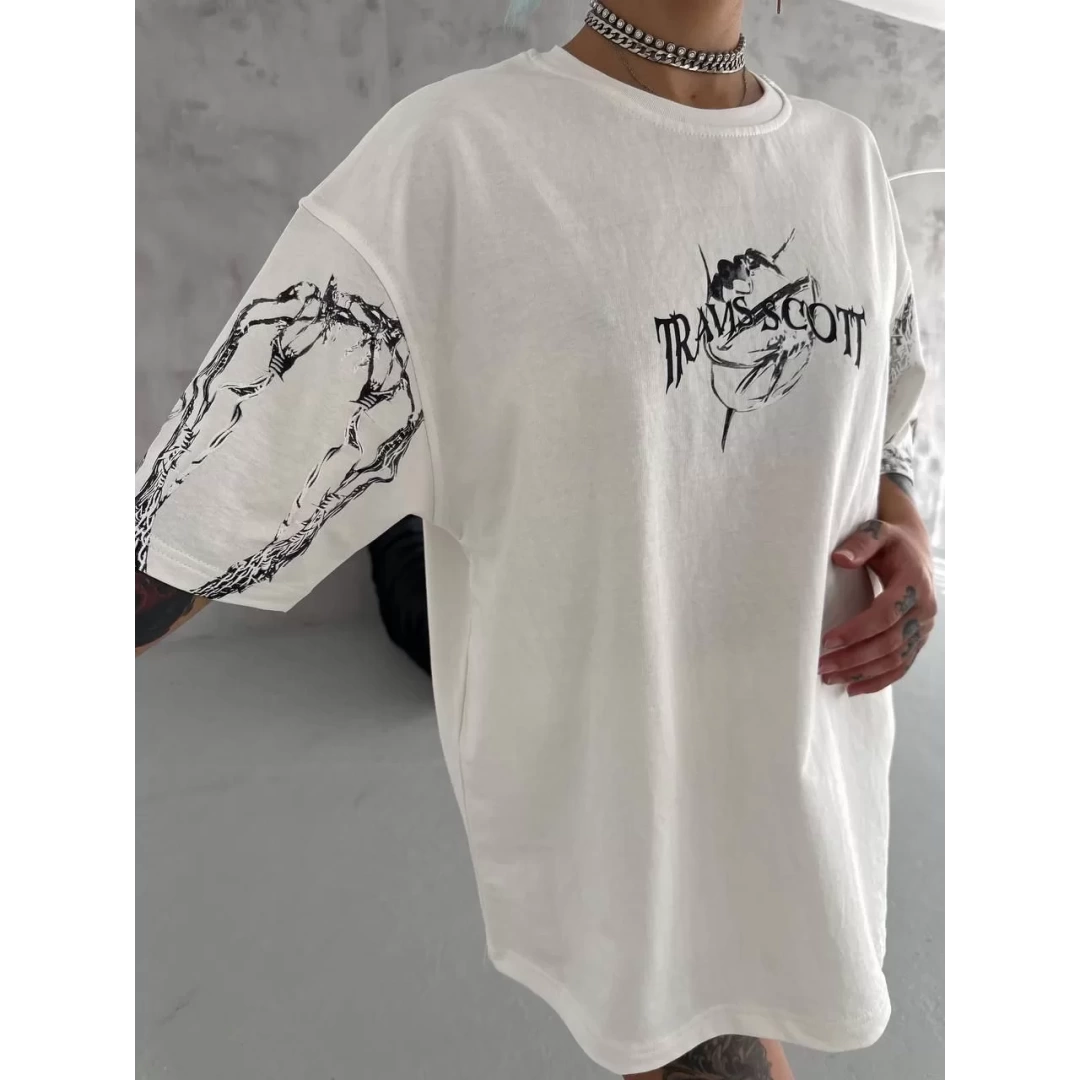 Unisex Bisiklet Yaka Baskılı Oversize T-Shirt - Beyaz