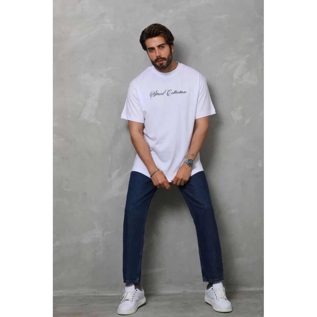 Unisex Bisiklet Yaka Baskılı Oversize T-Shirt - Beyaz