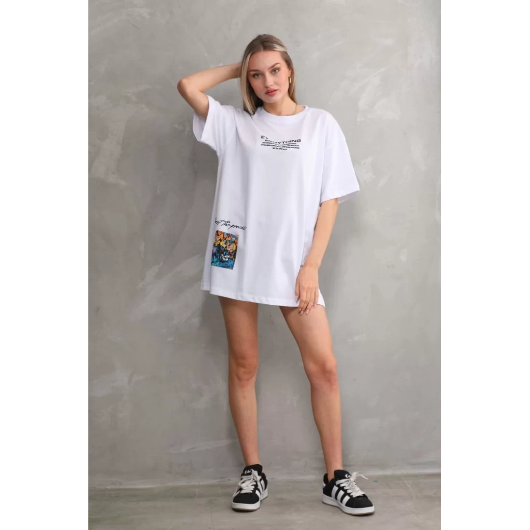 Unisex Bisiklet Yaka Baskılı Oversize T-Shirt - Beyaz