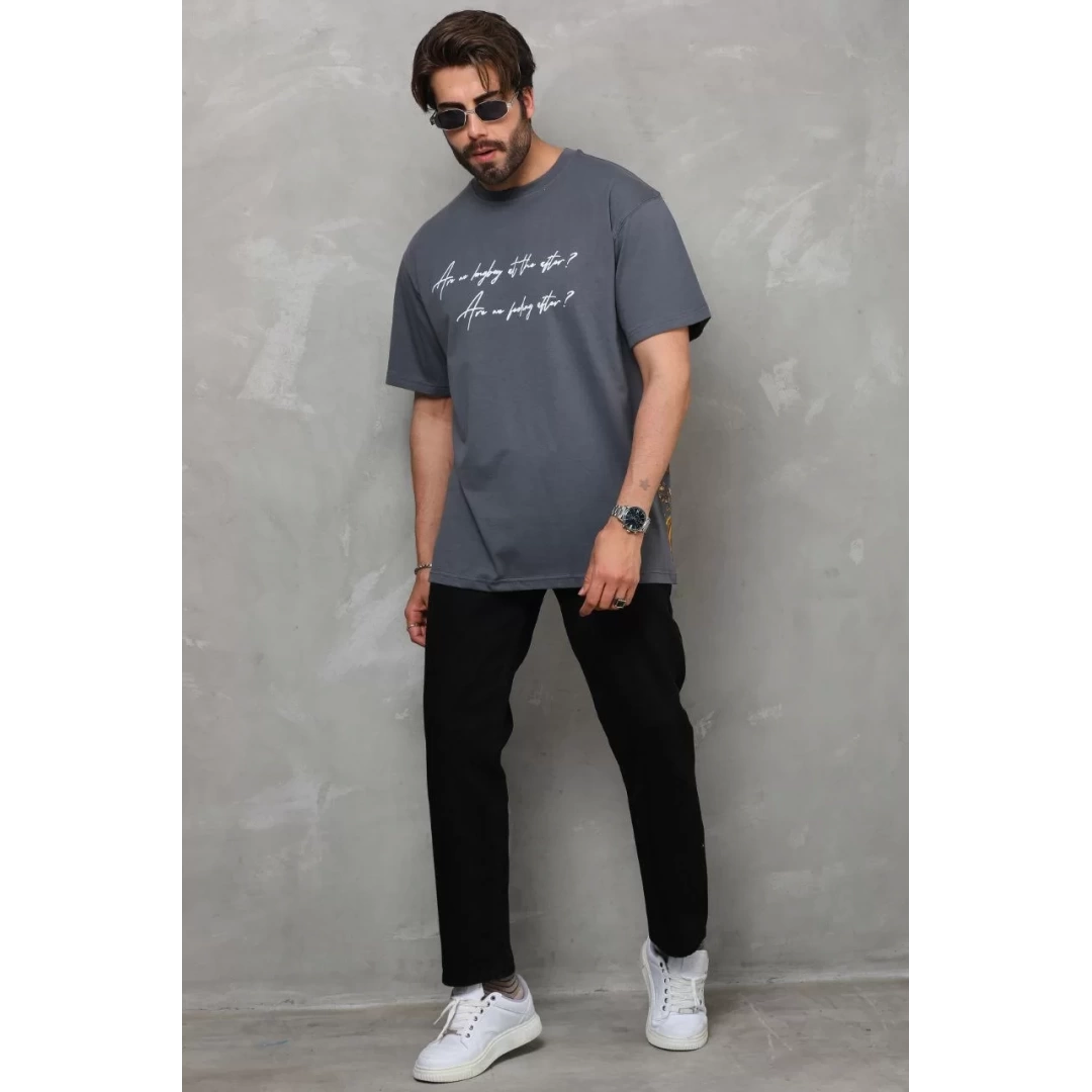 Unisex Bisiklet Yaka Baskılı Oversize T-Shirt - Füme