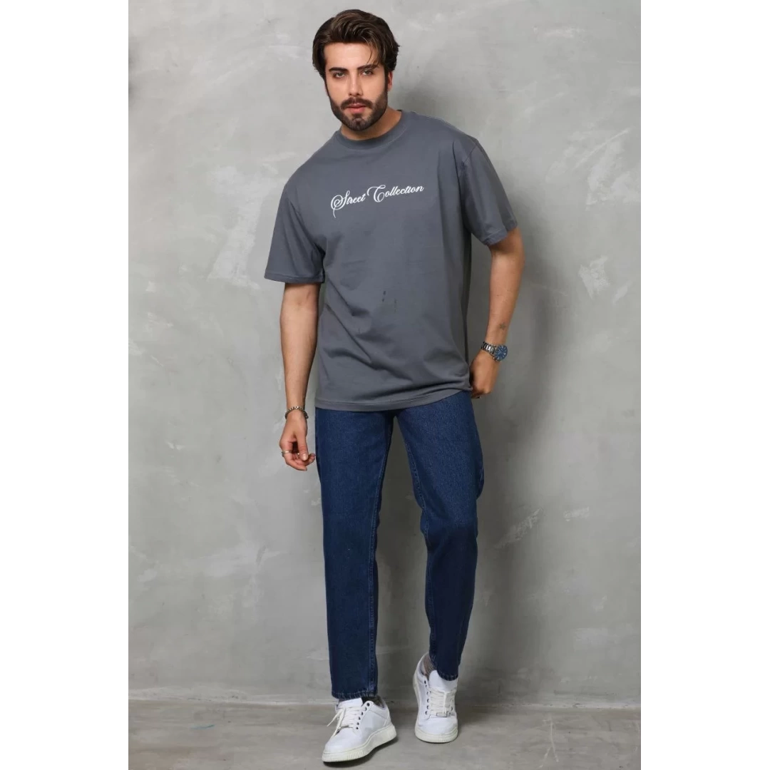 Unisex Bisiklet Yaka Baskılı Oversize T-Shirt - Füme