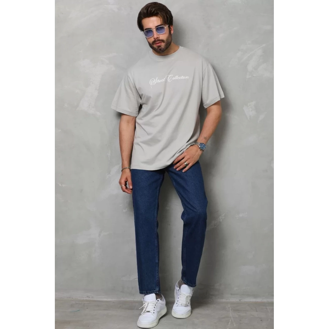 Unisex Bisiklet Yaka Baskılı Oversize T-Shirt - Gri