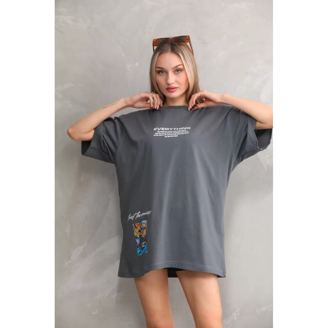 Unisex Bisiklet Yaka Baskılı Oversize T-Shirt - Gri