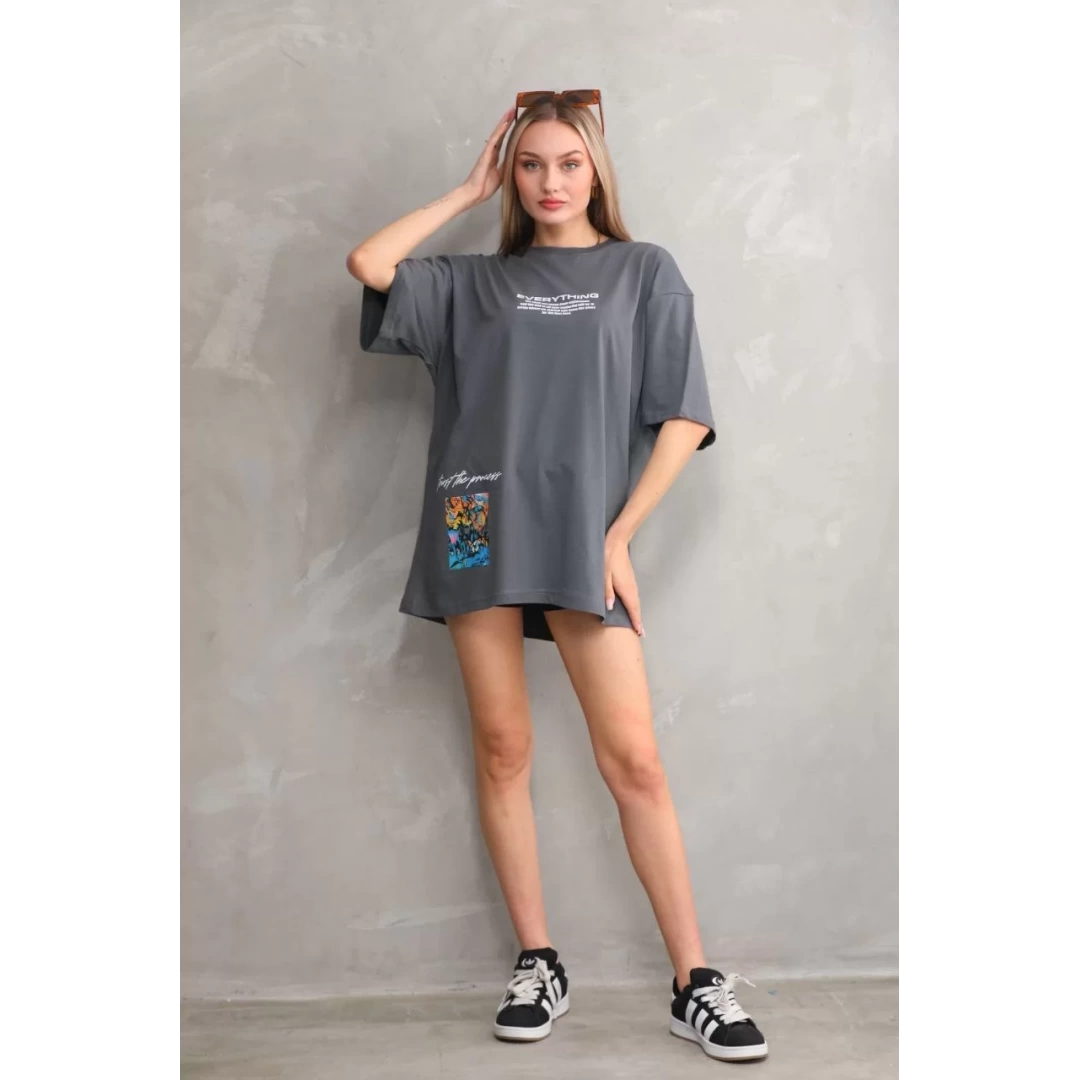 Unisex Bisiklet Yaka Baskılı Oversize T-Shirt - Gri