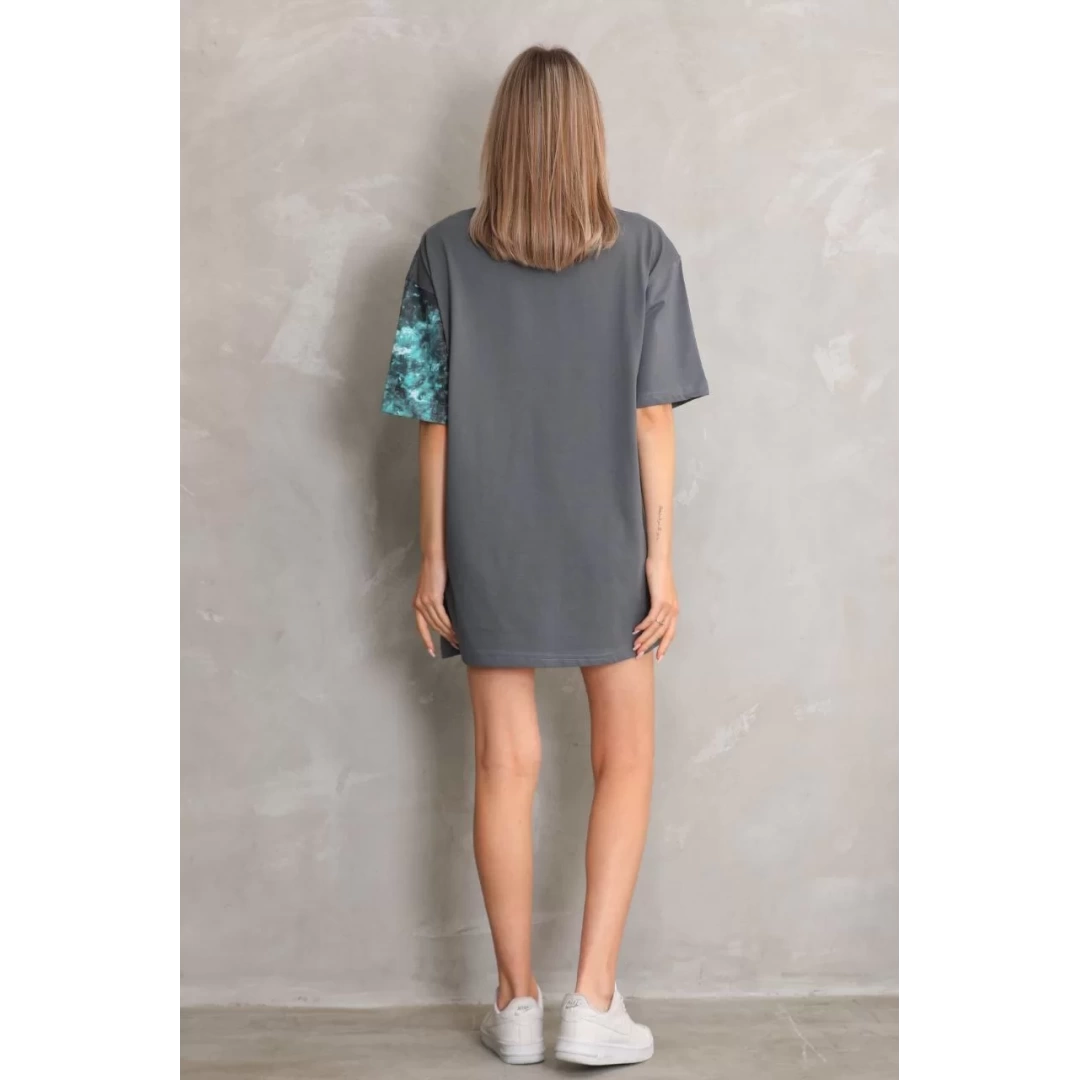 Unisex Bisiklet Yaka Baskılı Oversize T-Shirt - Gri