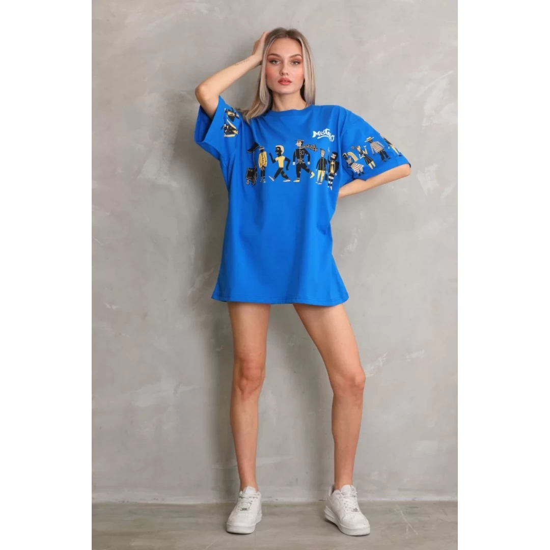 Unisex Bisiklet Yaka Baskılı Oversize T-Shirt - Mavi