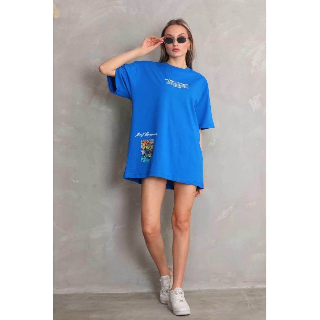 Unisex Bisiklet Yaka Baskılı Oversize T-Shirt - Mavi