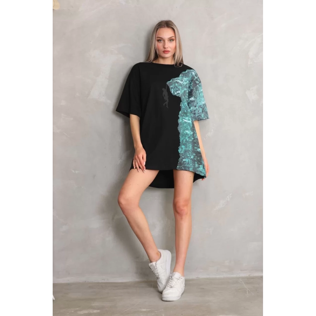 Unisex Bisiklet Yaka Baskılı Oversize T-Shirt - Siyah