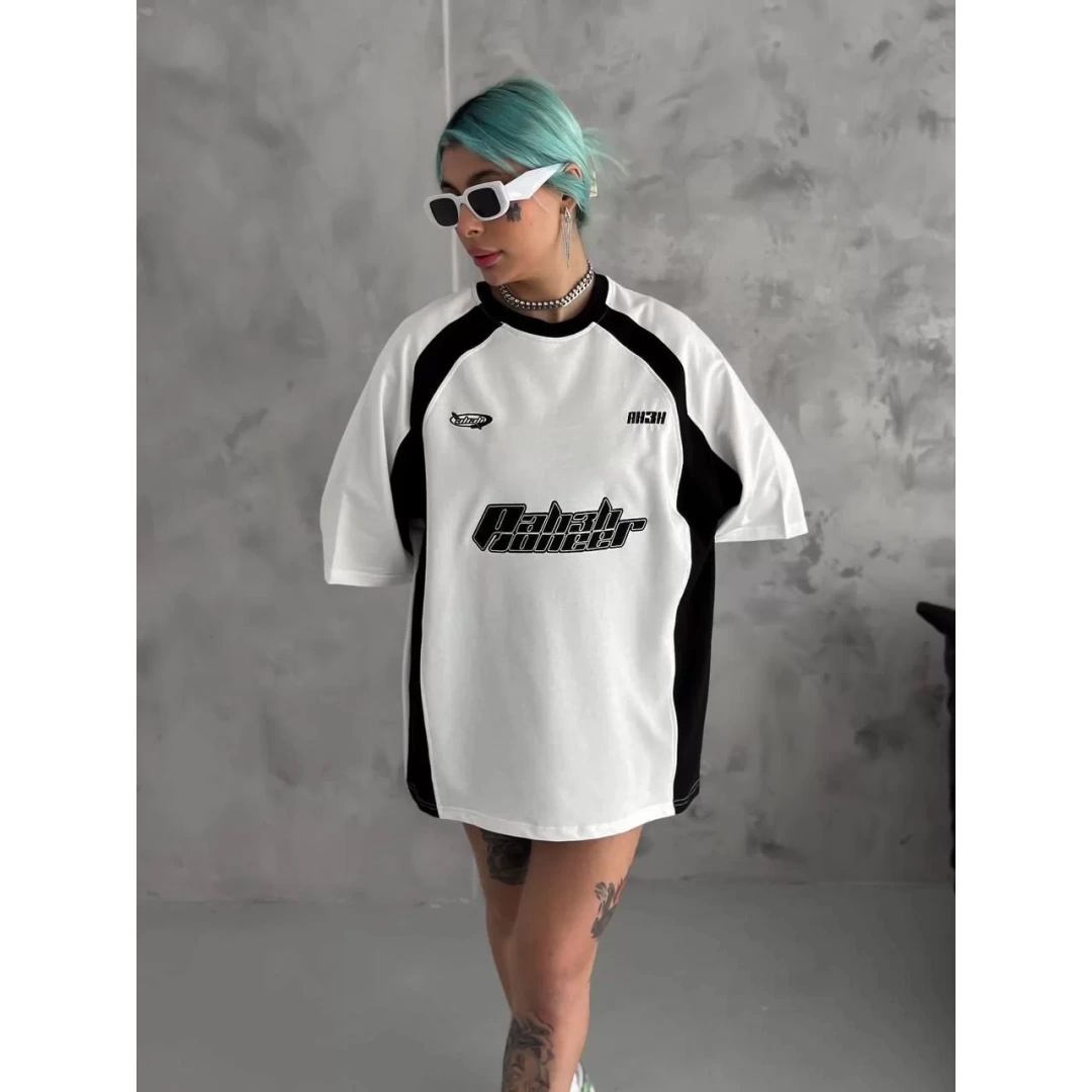 Unisex Bisiklet Yaka Baskılı Oversize T-Shirt - Siyah