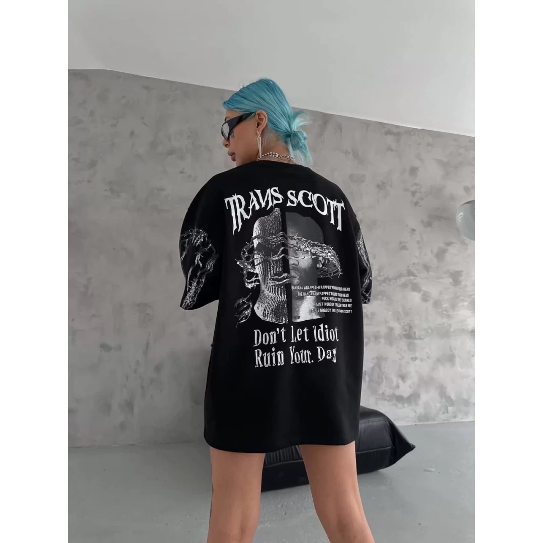 Unisex Bisiklet Yaka Baskılı Oversize T-Shirt - Siyah