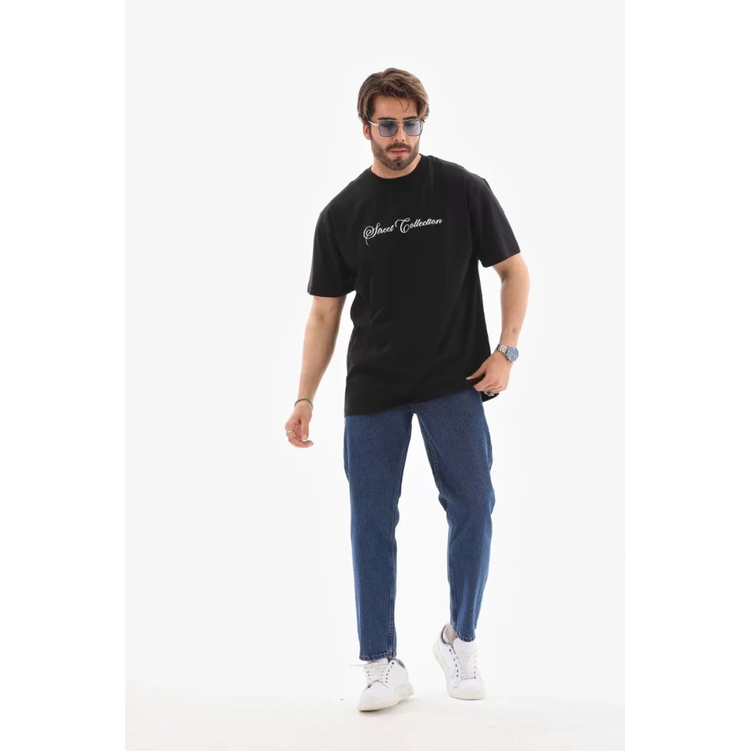 Unisex Bisiklet Yaka Baskılı Oversize T-Shirt - Siyah