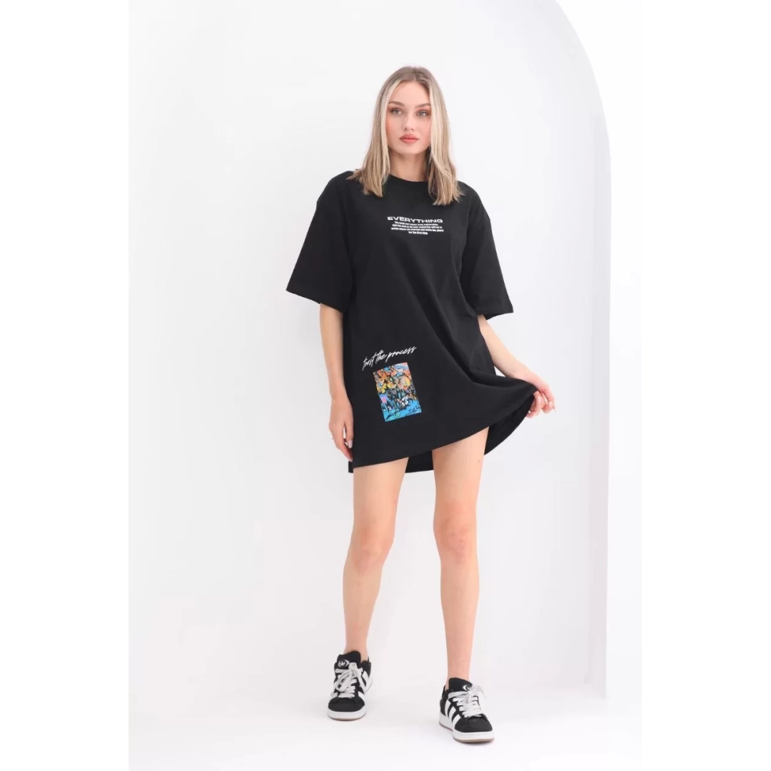 Unisex Bisiklet Yaka Baskılı Oversize T-Shirt - Siyah