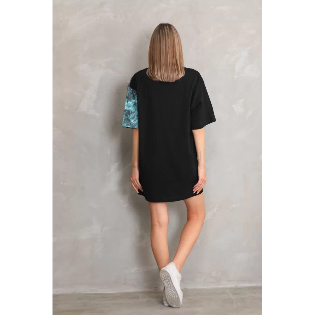 Unisex Bisiklet Yaka Baskılı Oversize T-Shirt - Siyah