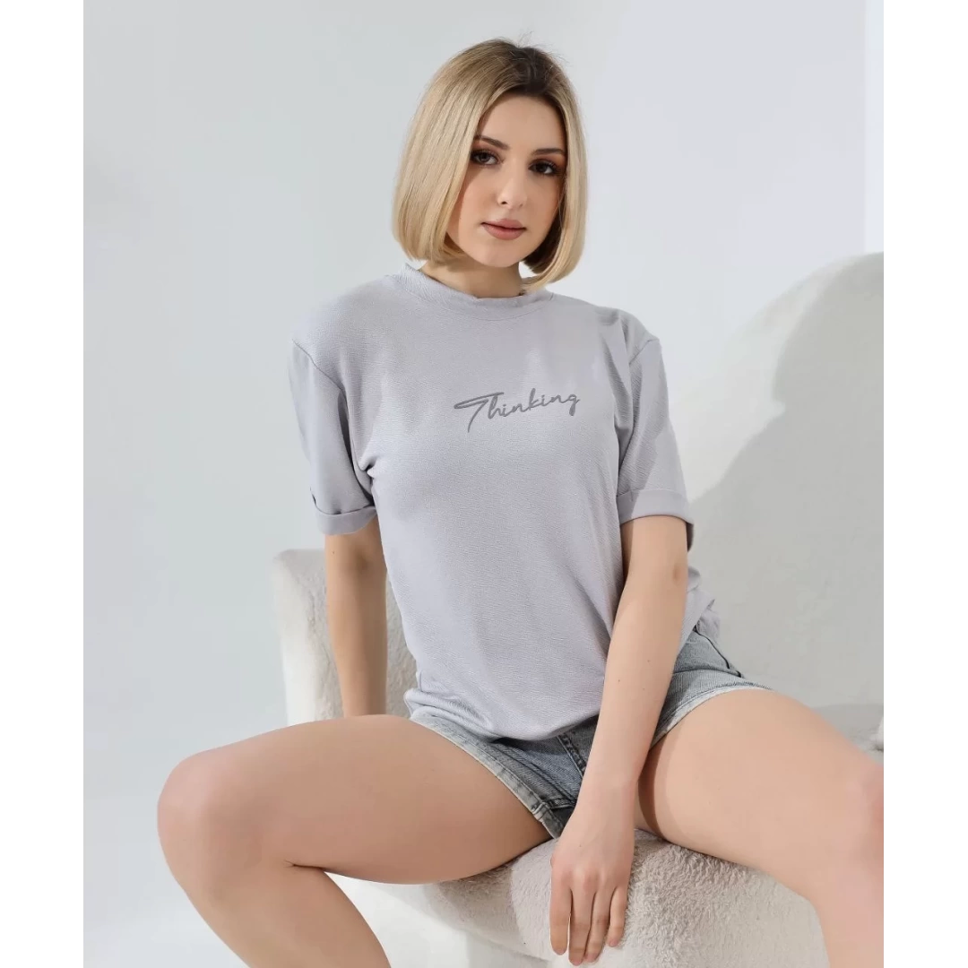 Unisex Bisiklet Yaka Baskılı Slim Fit T-Shirt - Boyalı Gri