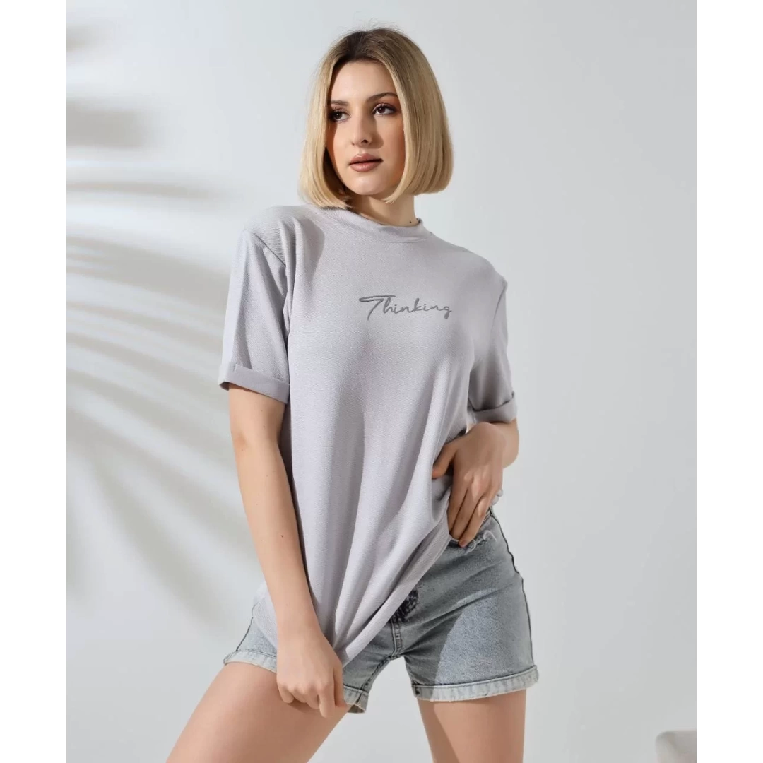 Unisex Bisiklet Yaka Baskılı Slim Fit T-Shirt - Boyalı Gri