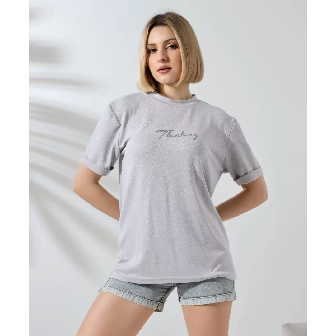 Unisex Bisiklet Yaka Baskılı Slim Fit T-Shirt - Boyalı Gri