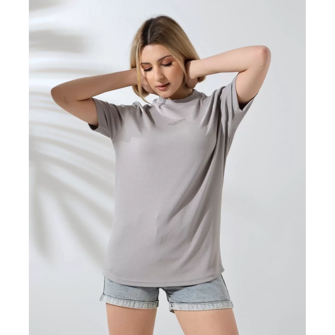 Unisex Bisiklet Yaka Baskılı Slim Fit T-Shirt - Boyalı Gri