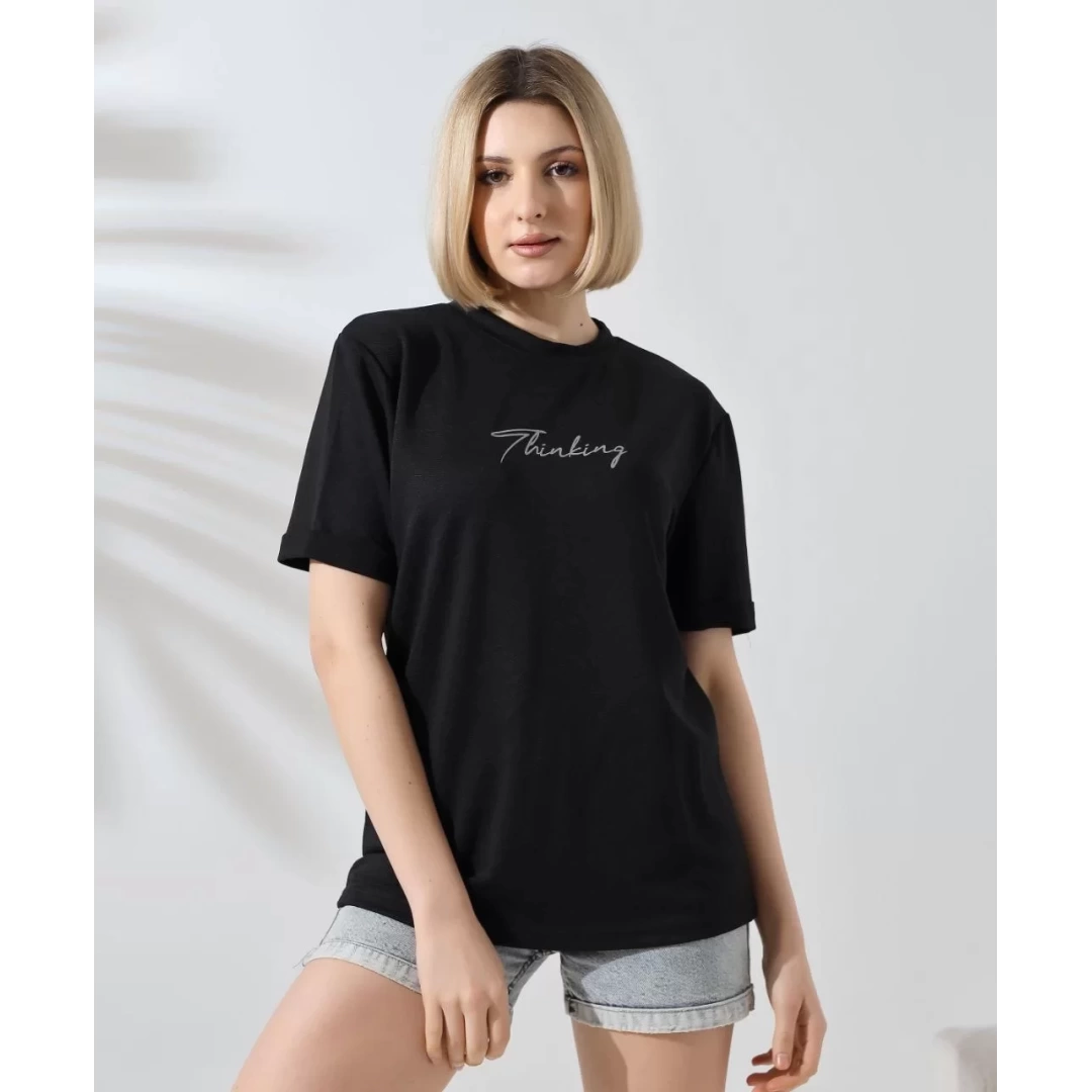 Unisex Bisiklet Yaka Baskılı Slim Fit T-Shirt - Siyah