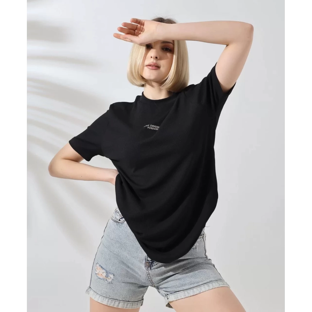 Unisex Bisiklet Yaka Baskılı Slim Fit T-Shirt - Siyah