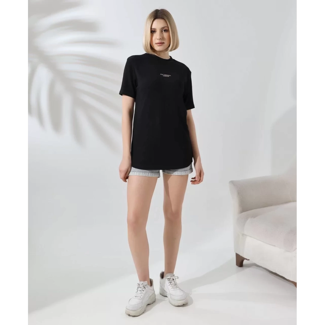 Unisex Bisiklet Yaka Baskılı Slim Fit T-Shirt - Siyah