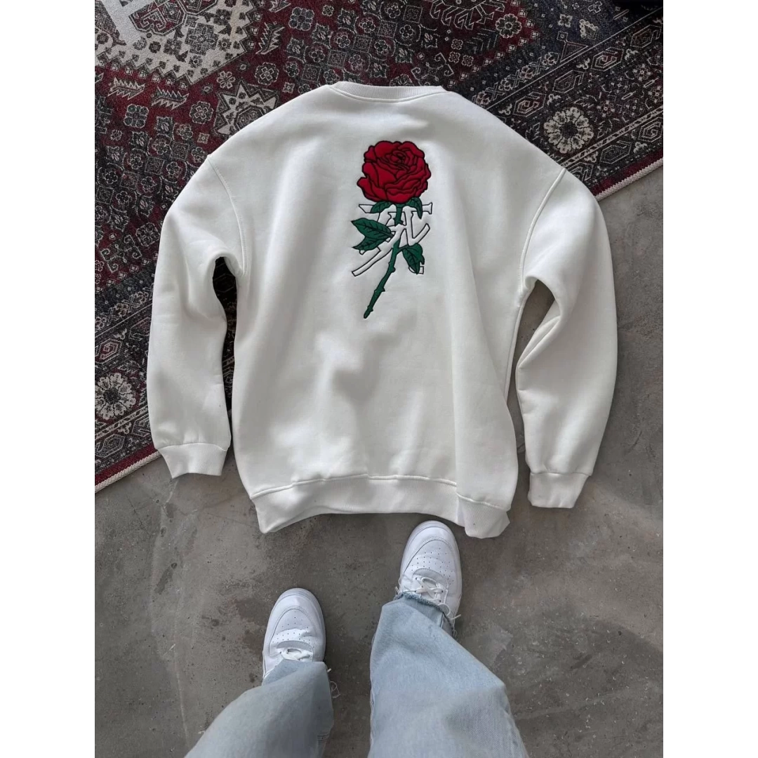 Unisex Bisiklet Yaka Ön Ve Arka Baskılı SweatShirt - Beyaz