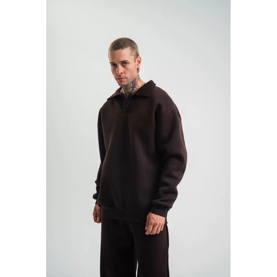 Unisex Double Oversize Patlı Yaka SweatShirt - Kahve